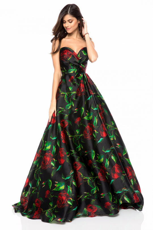 Sherri Hill - 51803 Strapless Sweetheart Floral Organza Ballgown In Black and Print