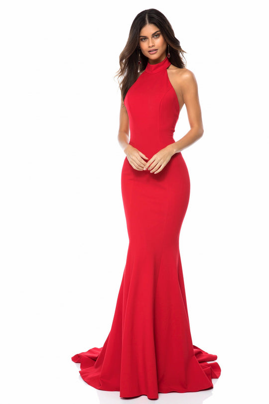 Sherri Hill - 51808 Jersey High Halter Mermaid Dress with Train In Red