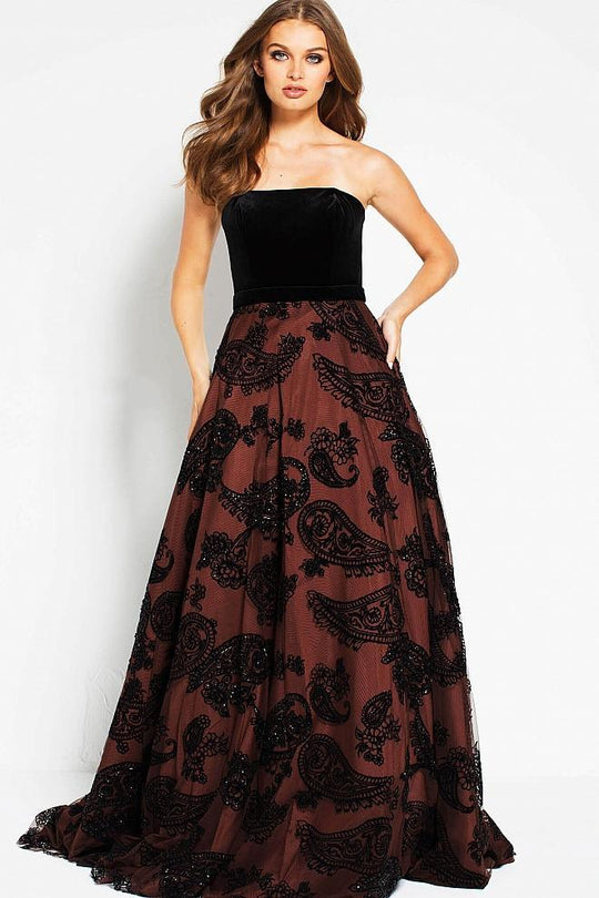 51815 Two Tone Velvet Embellished A-line Dress