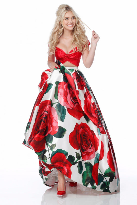 Sherri Hill - 51815 Plunging Off-Shoulder Floral Taffeta Ballgown In Red and Print