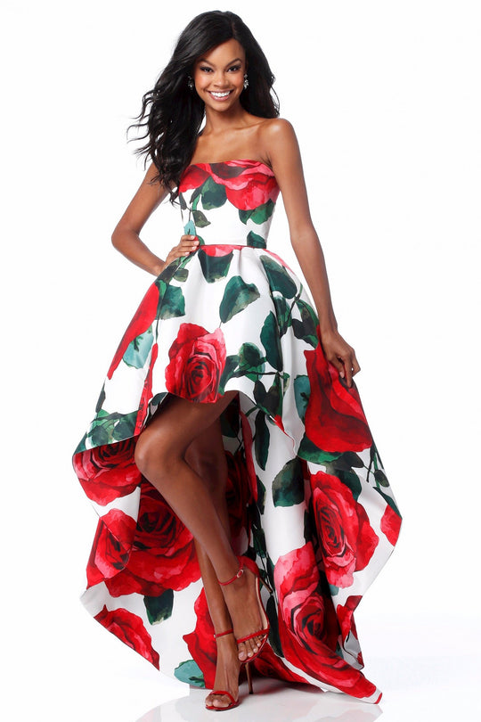 Sherri Hill - 51816 Strapless Floral Print High Low A-Line Dress In Red and Print