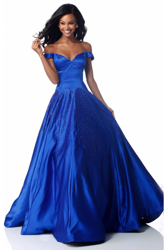 Sherri Hill - 51825 Off Shoulder Jewel-Spangled Satin Dress In Blue