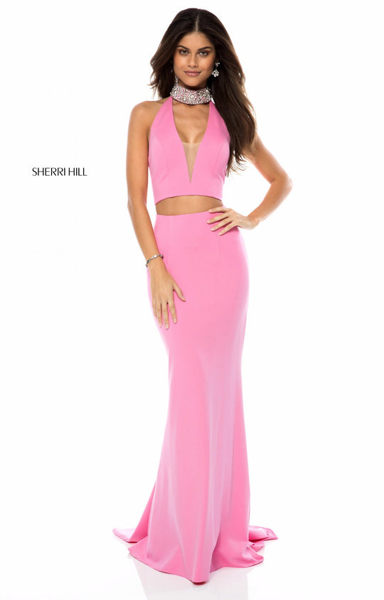 Sherri Hill - 51841 V-Neck Fitted Dress with Jewel Encrusted Neckband In Pink