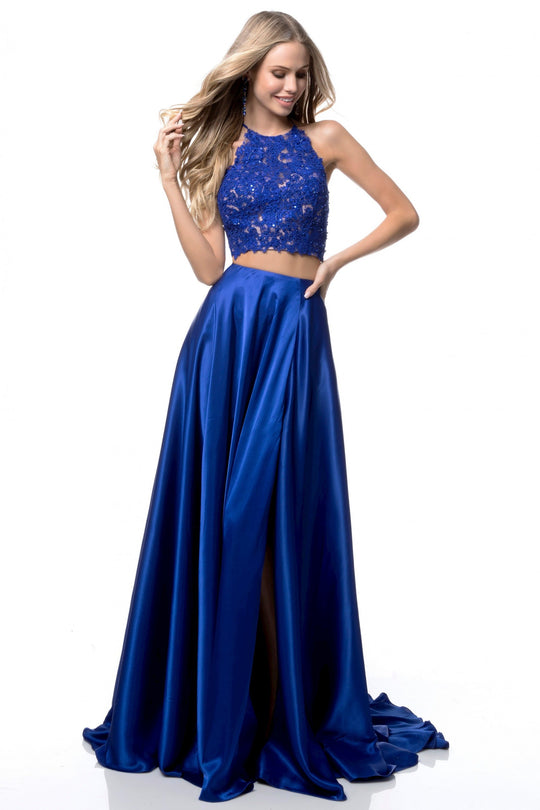 Sherri Hill - 51843 Two Piece Lace Appliqued Gown with Slit In Blue