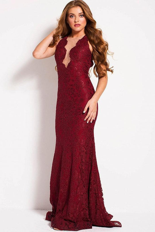 51847 Sleeveless Plunging Lace Illusion Prom Dress