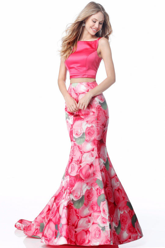 Sherri Hill - 51848 Two Piece Satin Floral Print Mermaid Dress In Pink and Print