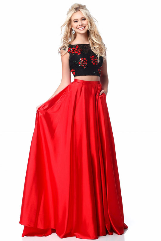 Sherri Hill - 51867 Two Piece Floral Applique A-Line Gown In Black and Red