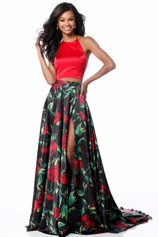 Sherri Hill - 51870 Two Piece Floral Print Charmeuse A-Line Dress In Red and Print