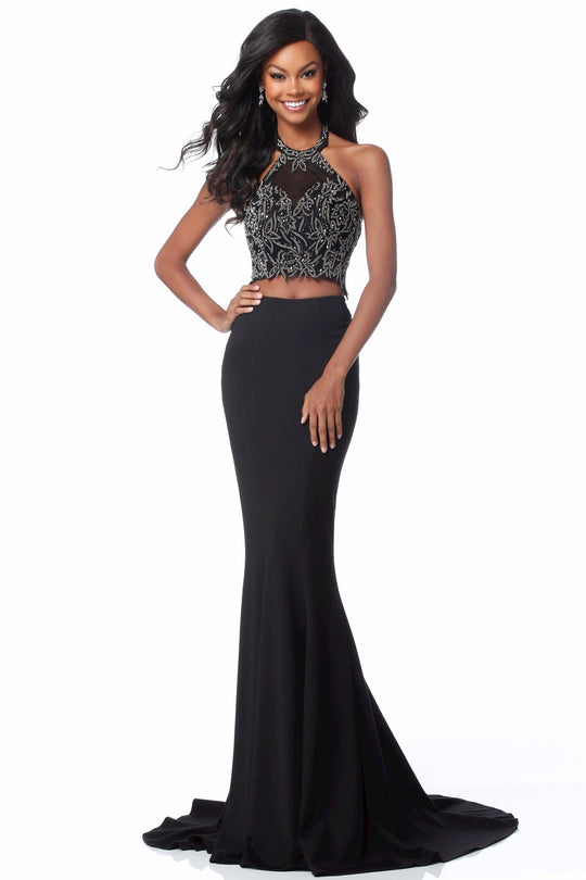 Sherri Hill - 51873 Beaded Two Piece Halter Jersey Trumpet Dress In Black