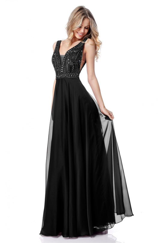 Sherri Hill - 51874 Beaded V-Neck Bodice Chiffon Dress In Black