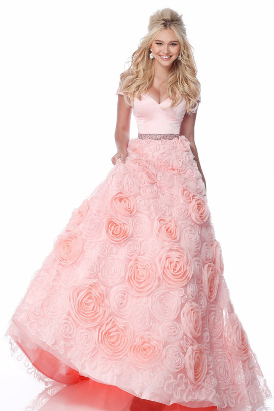 Sherri Hill - 51885 Off Shoulder Rose Appliqued Ballgown In Pink