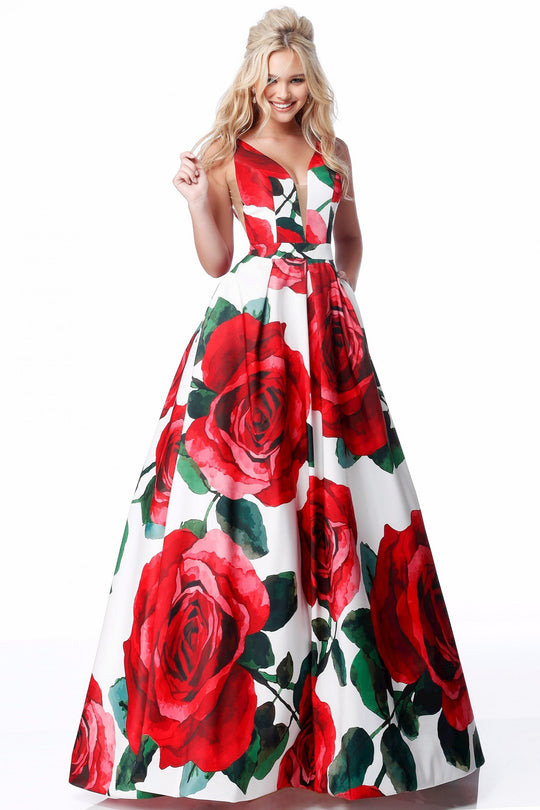 Sherri Hill - 51888 Floral Print Deep V-Neck Ballgown In Red and Print