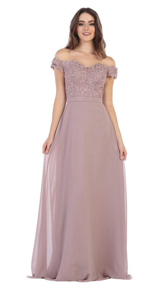 May Queen - MQ1601 Lace Appliqued Chiffon Off Shoulder Formal Gown In Purple