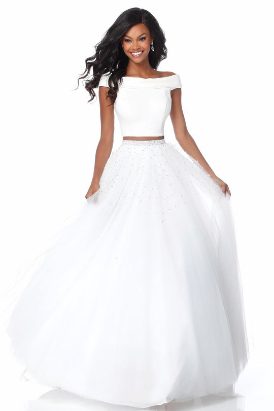 Sherri Hill - 51907 Beaded Two Piece Off-Shoulder Tulle Ballgown In White