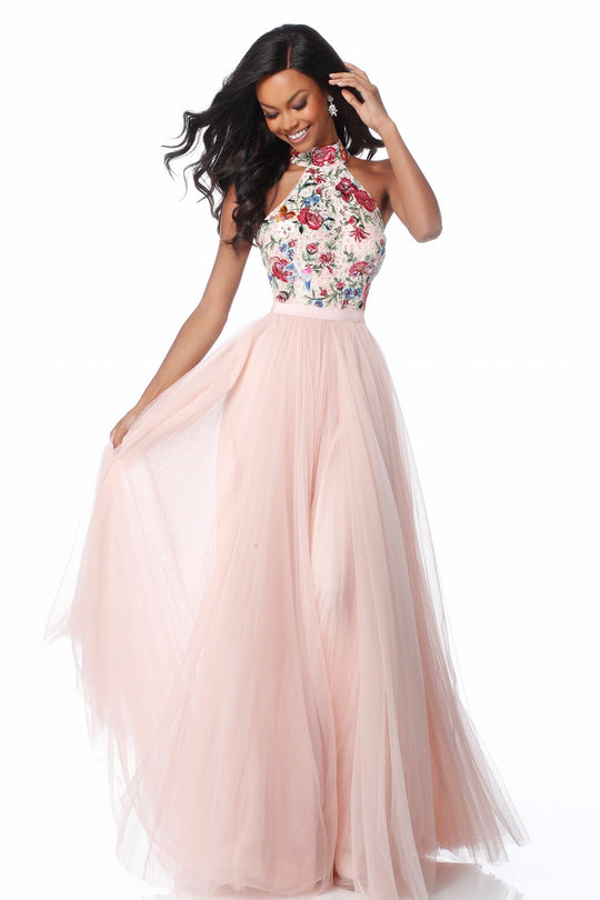 Sherri Hill - 51908 Floral Appliqued High Halter A-Line Dress In Pink and Multi-Color