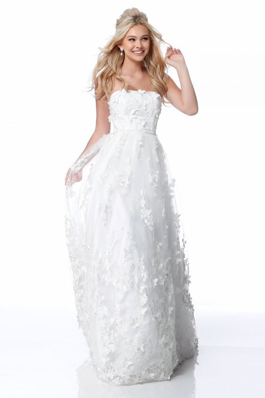 Sherri Hill - 51909 Floral Appliqued Strapless Tulle Dress In White