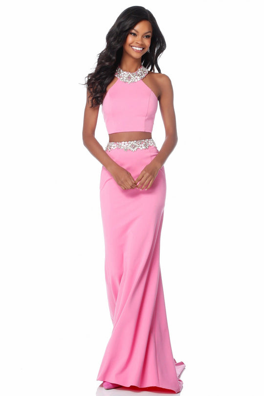 Sherri Hill - 51911 Two Piece Beaded High Halter Jersey Dress In Pink
