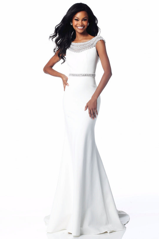 Sherri Hill - 51915 Pearl-Crusted Bateau Neck Long Mermaid Dress In White