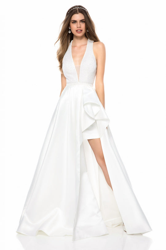 Sherri Hill - 51919 Deep V-Neck Ruffles Satin A-line Dress In White