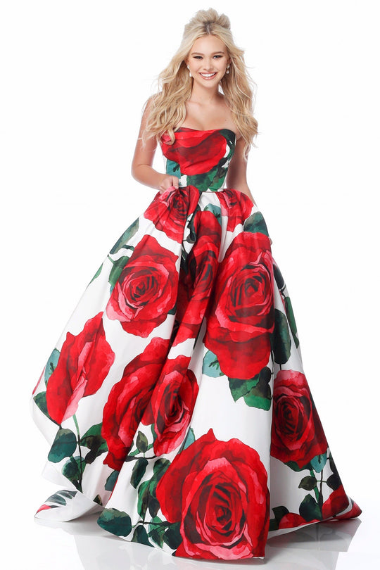 Sherri Hill - 51926 Strapless Floral Print Ballgown With Train In Red and Print