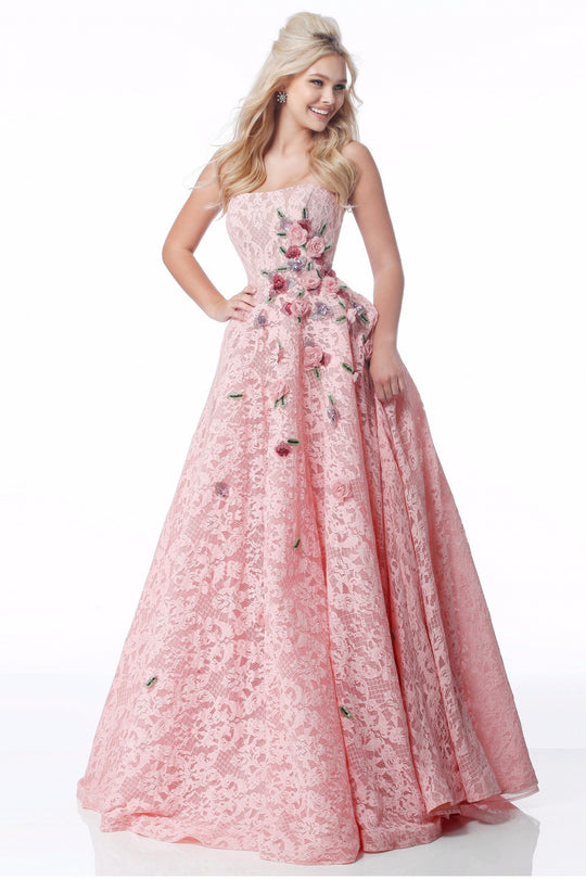 Sherri Hill - 51929 Strapless Lace Floral Applique Ballgown In Pink