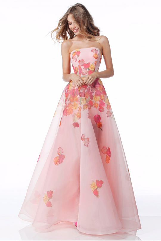 Sherri Hill - 51930 Strapless Floral Organza Sheer A-Line Dress In Pink and Print