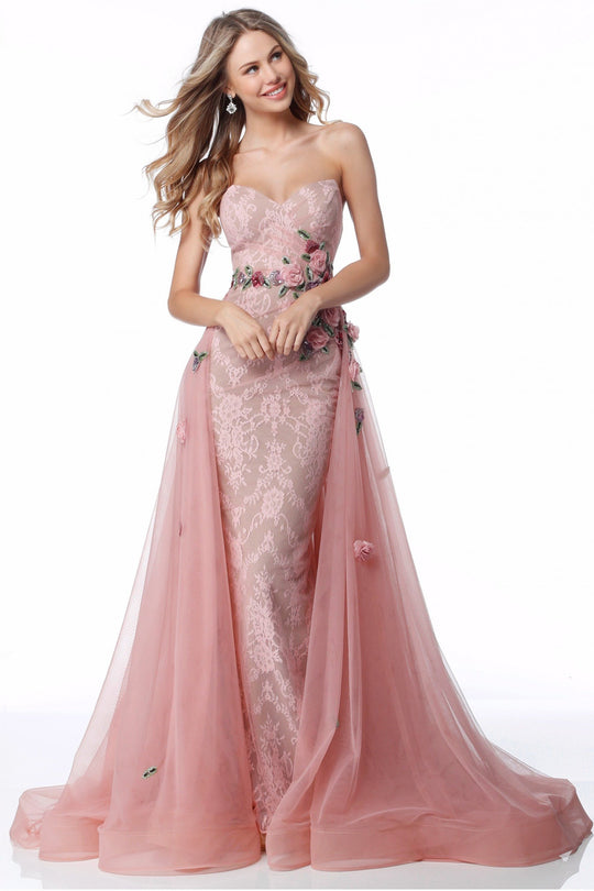 Sherri Hill - 51931 Strapless Lace Sweetheart Dress With Overskirt In Pink