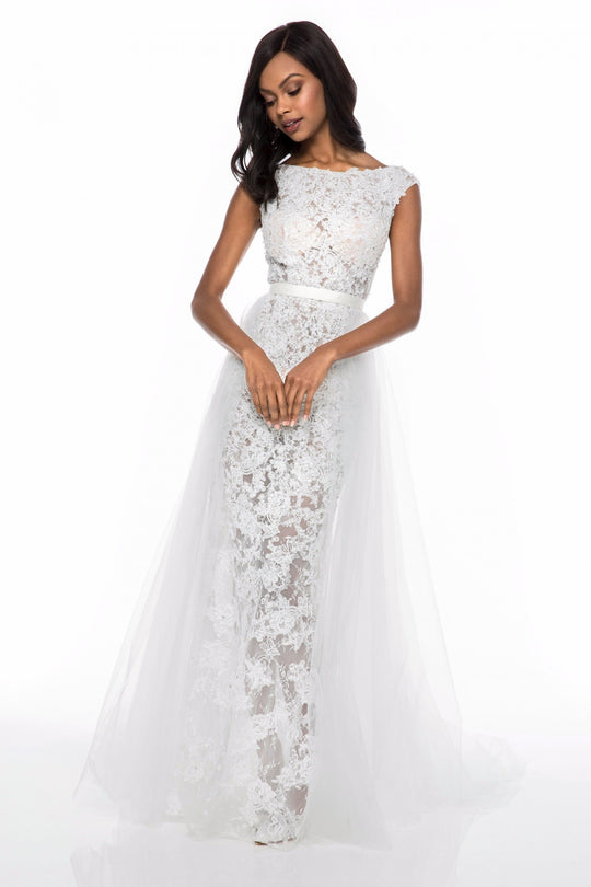 Sherri Hill - 51936 Lace Bateau Sheath Dress With Tulle Overskirt In White