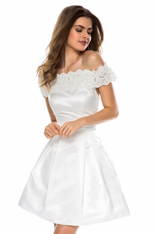 Sherri Hill - 51958 Lace Off-Shoulder Satin A-line Cocktail Dress In White