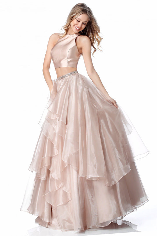 Sherri Hill - 51960 Two Piece Satin Halter Chiffon Ballgown In Neutral
