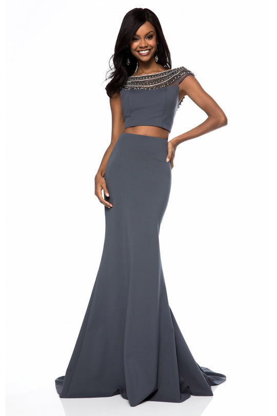 Sherri Hill - 51966 Two-Piece Jewel Garlanded Long Mermaid Dress In Gray