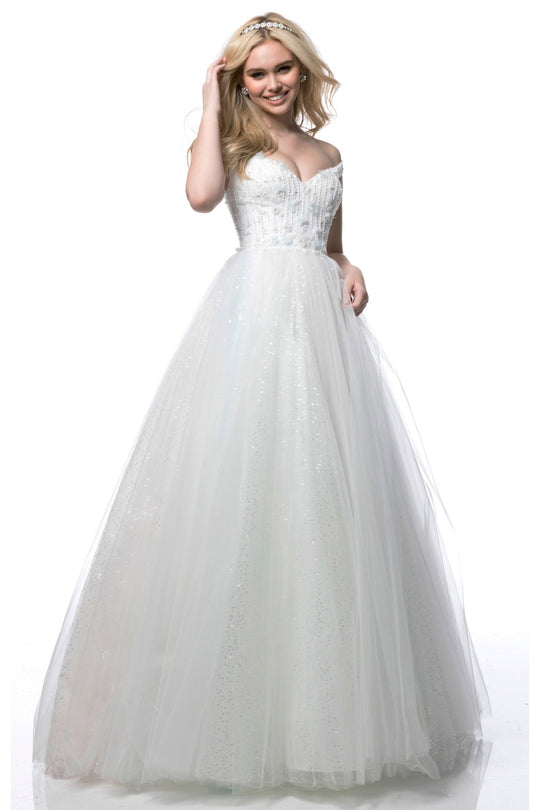 Sherri Hill - 51990 Sequined Off-Shoulder Tulle Ballgown In White and Multi-Color