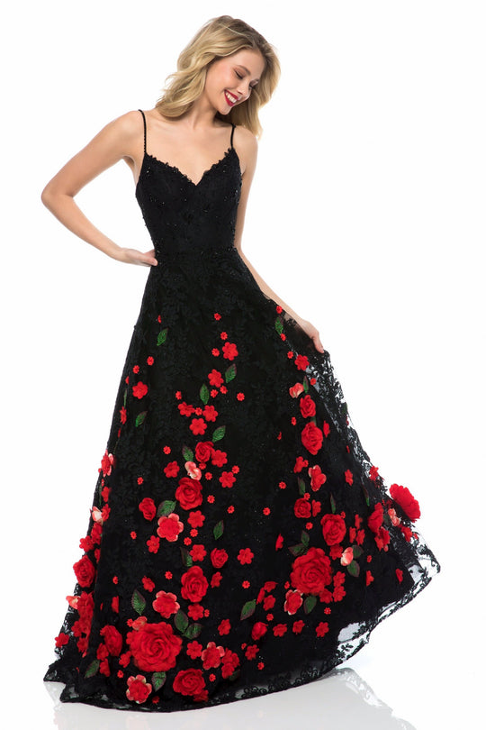 Sherri Hill - 51993 Rose Applique Lace V-Neck A-Line Dress In Black and Red