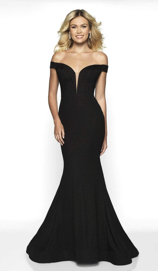 Intrigue by Blush - 519 Off-Shoulder Glitter Jersey Mermaid Dress In Black