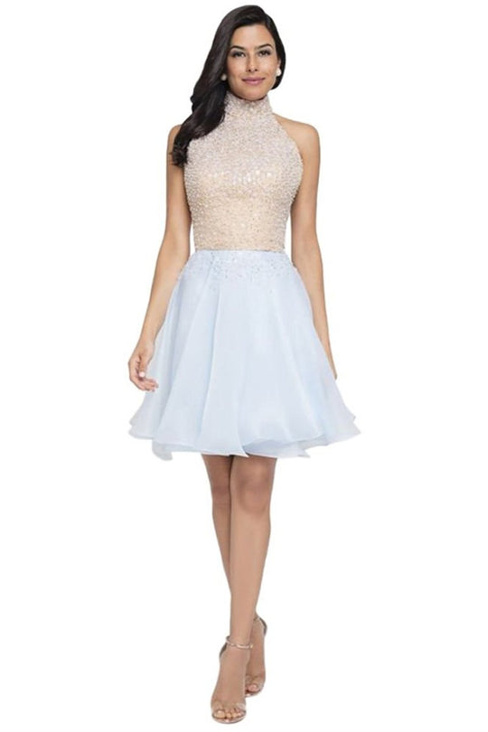 Terani Couture - 1711P2237 Beaded High Neck Cocktail Dress In Blue and Neutral