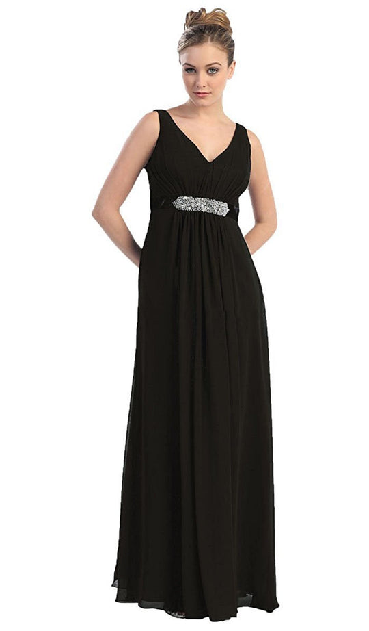 V-Neck Crystal Ornate Empire Waist  A-Line Evening Dress