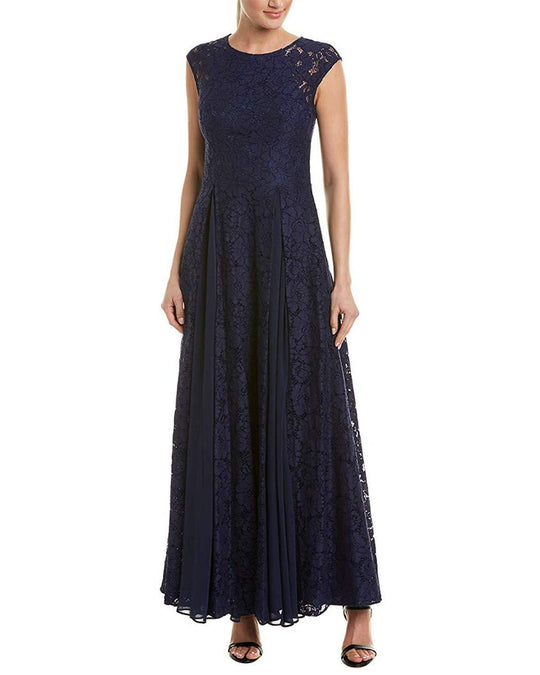 Aidan Mattox - 151A12840 Sheer Cap Sleeve Lace Godet A-Line Dress In Blue