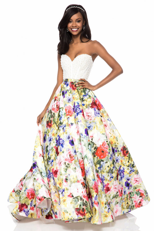 Sherri Hill - 52002 Beaded Sweetheart Floral Print Ballgown In White and Print