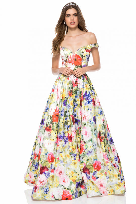 Sherri Hill - 52004 Off-Shoulder Satin Floral Print Ballgown In Print