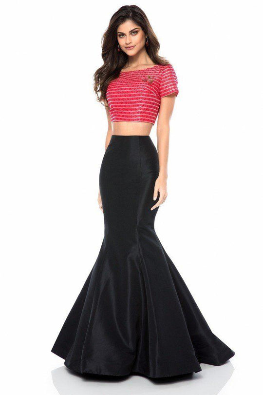 Sherri Hill - 52021 Two Piece Striped Bateau Taffeta Mermaid Dress In Red and Black