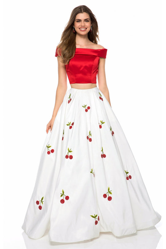 Sherri Hill - 52030 Cap Sleeve Satin Cherry Print Ballgown In Red and White