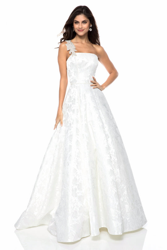 Sherri Hill - 52037 Beaded Straight Neck Satin Ballgown With Train In White