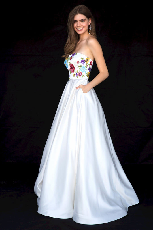 Sherri Hill - 52038 Strapless Embroidered Satin Ballgown In White and Multi-Color