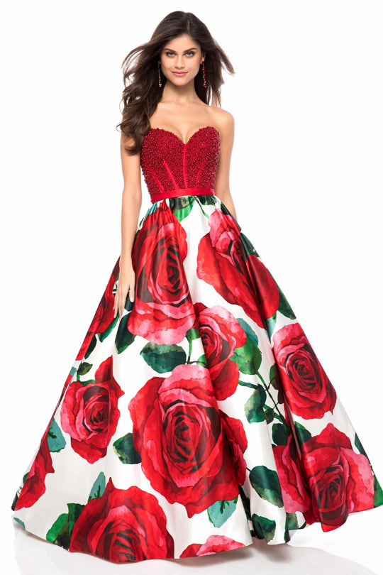 Sherri Hill - 52039 Pearl Beaded Sweetheart Floral Print Ballgown In Red and Print