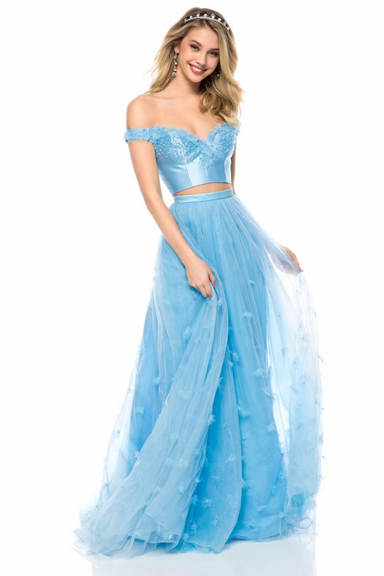 Sherri Hill - 52046 Two Piece Off-shoulder Tulle A-line Dress In Blue and Print