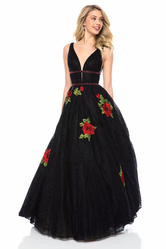 Sherri Hill - 52047 Lace Applique V-Neck Ballgown In Black and Red