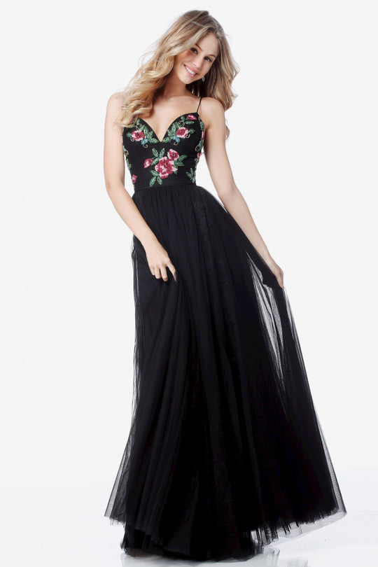 Sherri Hill - 52050 Embroidered Plunging Sweetheart Tulle A-Line Gown In Black and Multi-Color