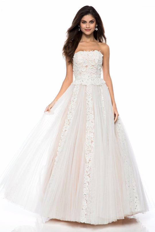 Sherri Hill - 52053 Strapless Lace Applique Tulle Ballgown In White and Neutral