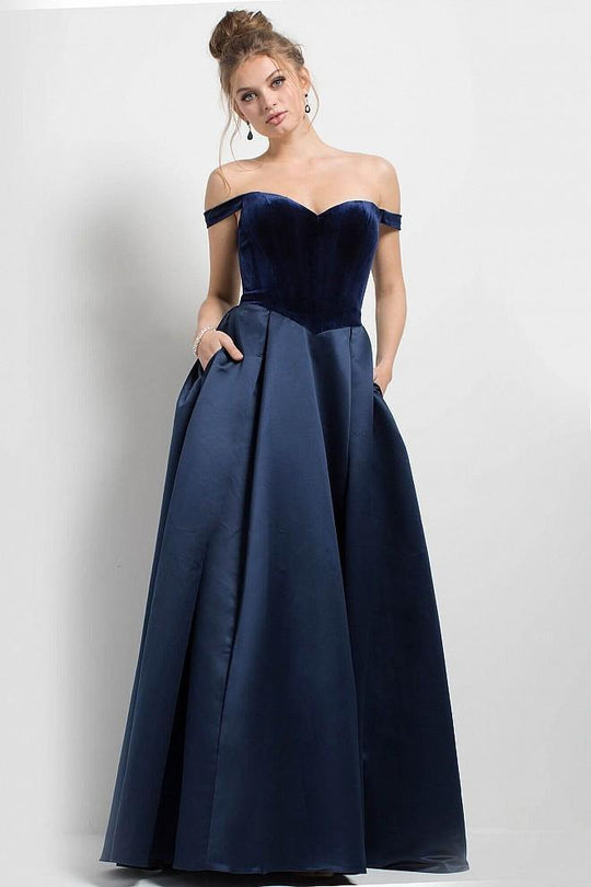 52069 Velvet Off The Shoulder Evening Dress