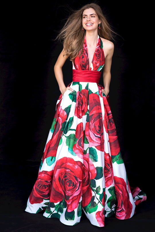 Sherri Hill - 52084 Deep Halter V-Neck Taffeta Ballgown In Red and Print